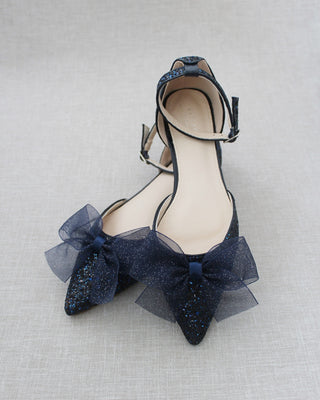 Navy Blue Glitter Women Flats with Chiffon Bow