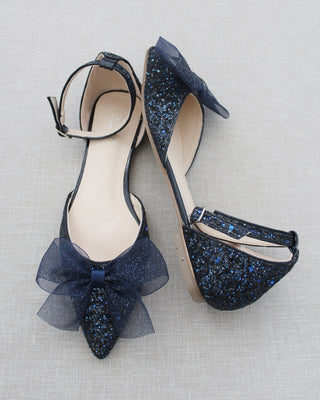 Navy Blue Glitter Women Flats with Chiffon Bow