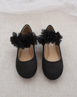 Black Satin Mary Jane Flats with Chiffon FlowersKids Shoes
