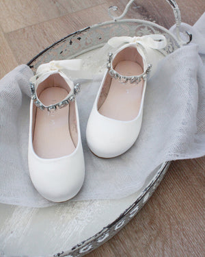 Girls Satin Ballet Flats with Navette Cluster Rhinestones
