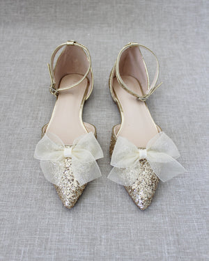 Rock Glitter Pointy Toe Flats with Ankle Strap and Organza Bow