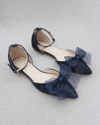 Navy Rock Glitter Pointy Toe Flats with Organza Bow, Bridal Shoes