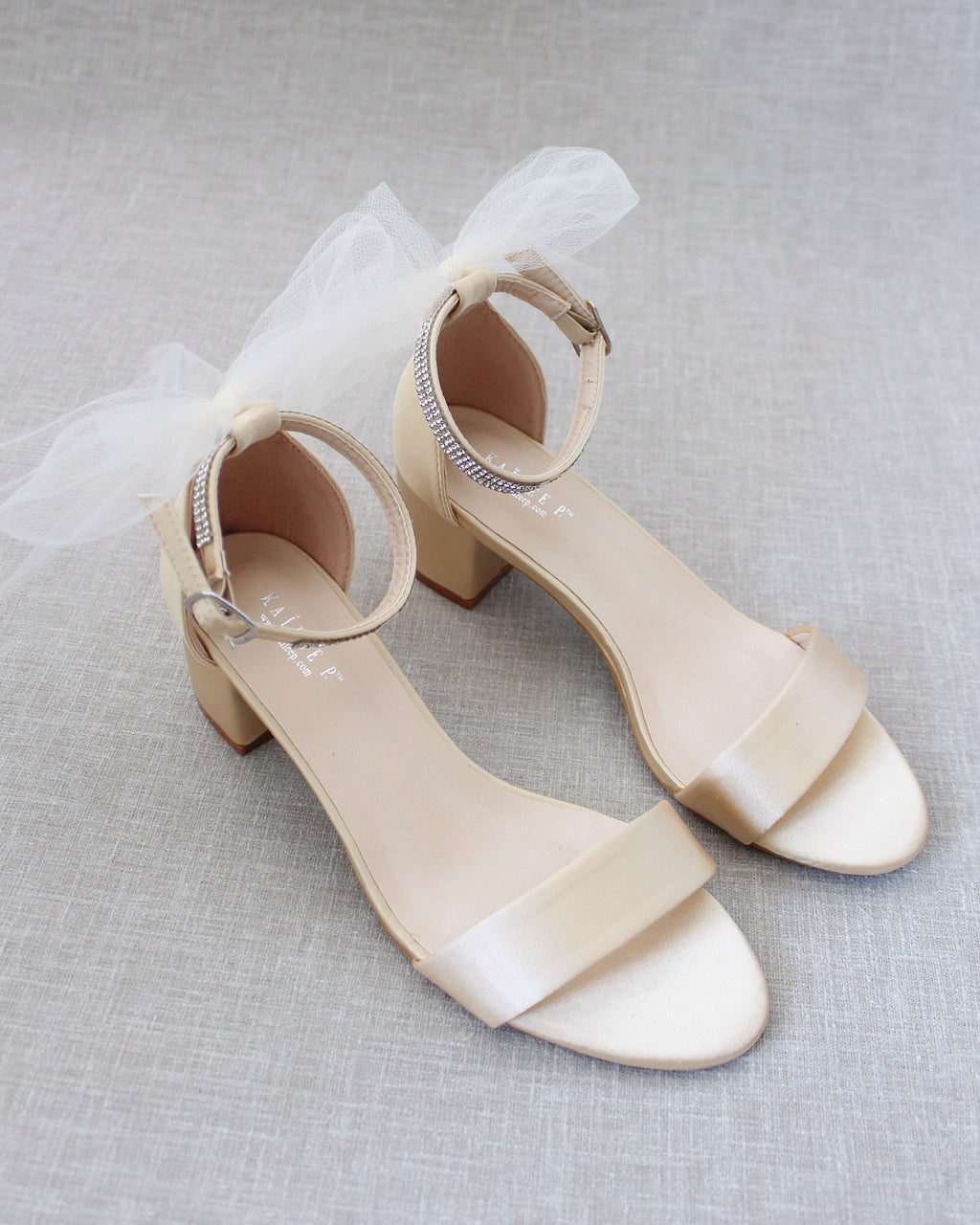 Champagne Satin Block Heel Sandals with Tulle Back Bow, Wedding Sandals ...