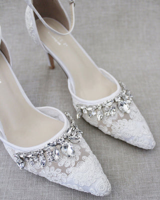 White Crochet Lace Pointy Toe HEELS with Teardrop Rhinestones EmbellishmentsWomen Shoes