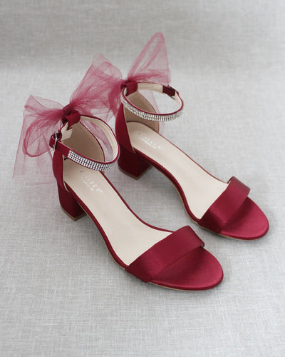 Burgundy Red Women Block Heel Sandals with Tulle Bow