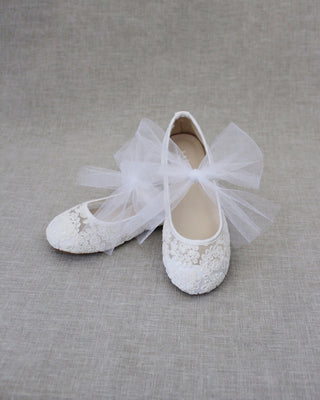 Crochet Lace Mary Jane Flats with Tulle Bow