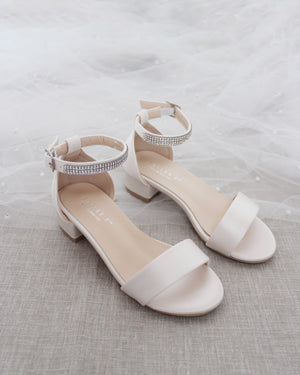 Satin Girls Block Heel Sandals with Mini Rhinestones Embellished Ankle Strap
