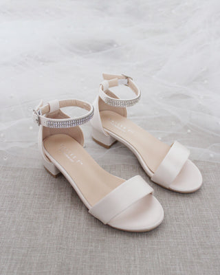 Satin Girls Block Heel Sandals with Mini Rhinestones Embellished Ankle Strap