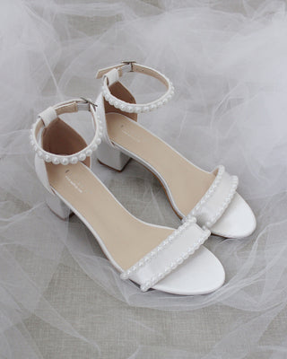 Satin Block Heel Sandals with Pearls
