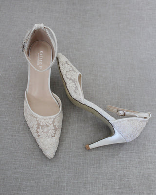 Ivory Crochet Lace Pointy Toe Heels with Ankle StrapWomen Shoes