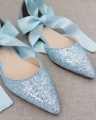 Light Blue Glitter Women Flats with Satin Ties