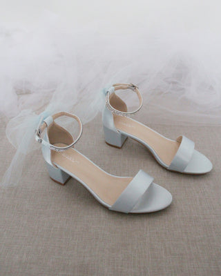 Satin Block Heel Sandals with Tulle Back Bow with Embellished Rhinestones Strap