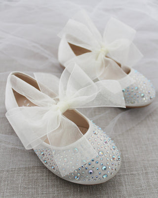 Ivory Rhinestone Kids Flats with Chiffon Bow