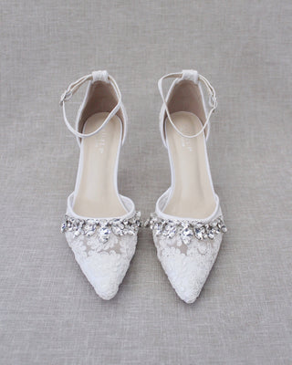 White Crochet Lace Pointy Toe HEELS with Teardrop Rhinestones EmbellishmentsWomen Shoes