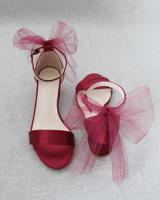 Burgundy Red Women Block Heel Sandals with Tulle Bow