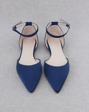 Satin Pointy Toe Flats with Ankle Strap