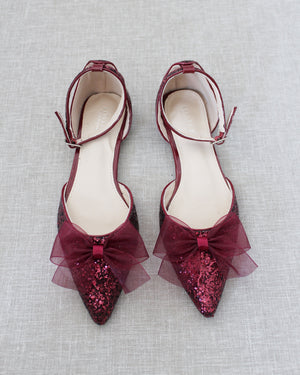 Rock Glitter Pointy Toe Flats with Organza Bow