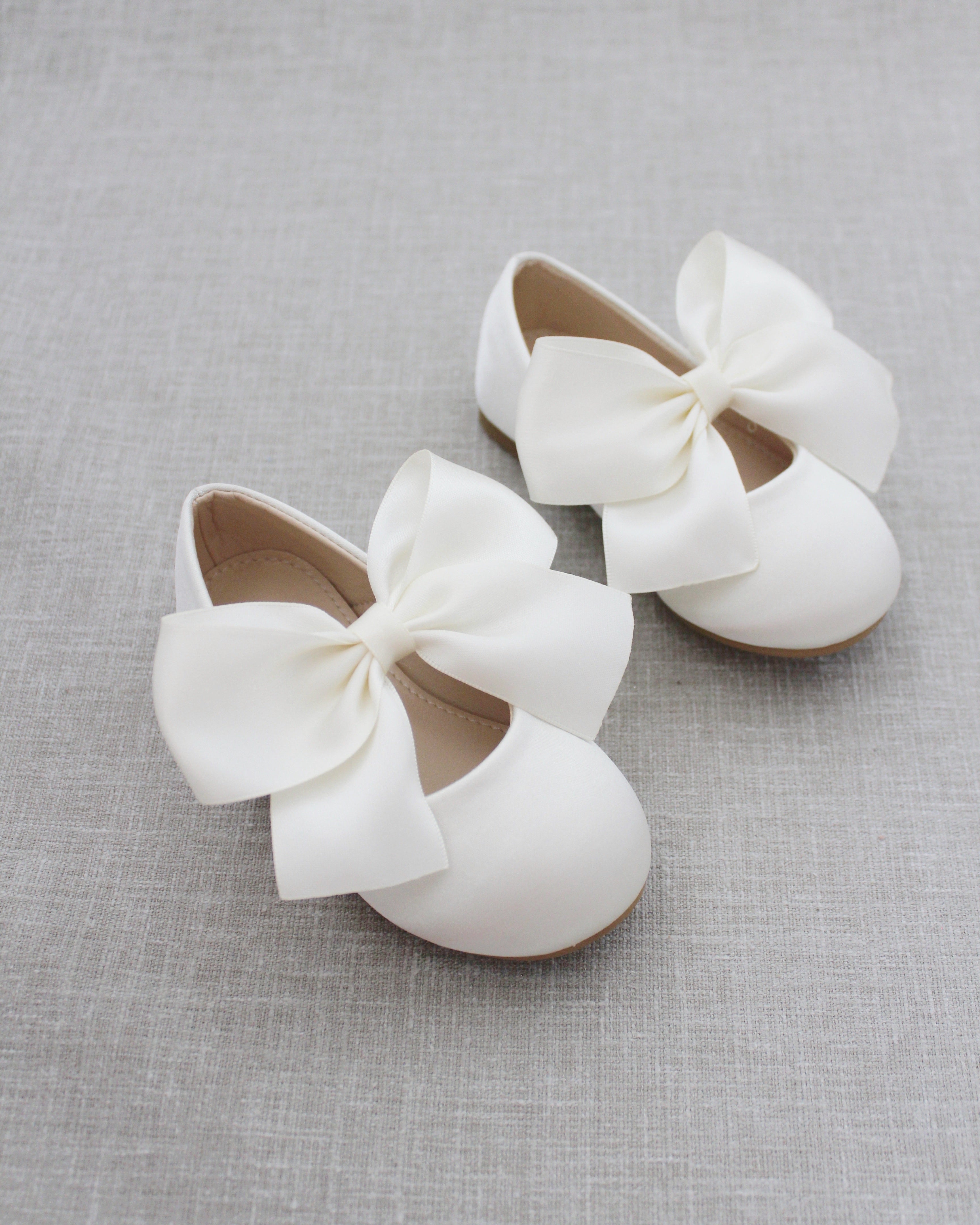 Ivory Satin Mary Jane Flats with Satin Bow, Flower Girls Shoes Ivory Satin Mary Jane Flats with Satin Bow, Flower Girls Shoes