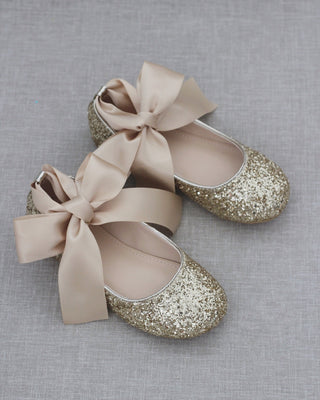 Gold Glitter girls Ballet Flats with Ribbon Ties