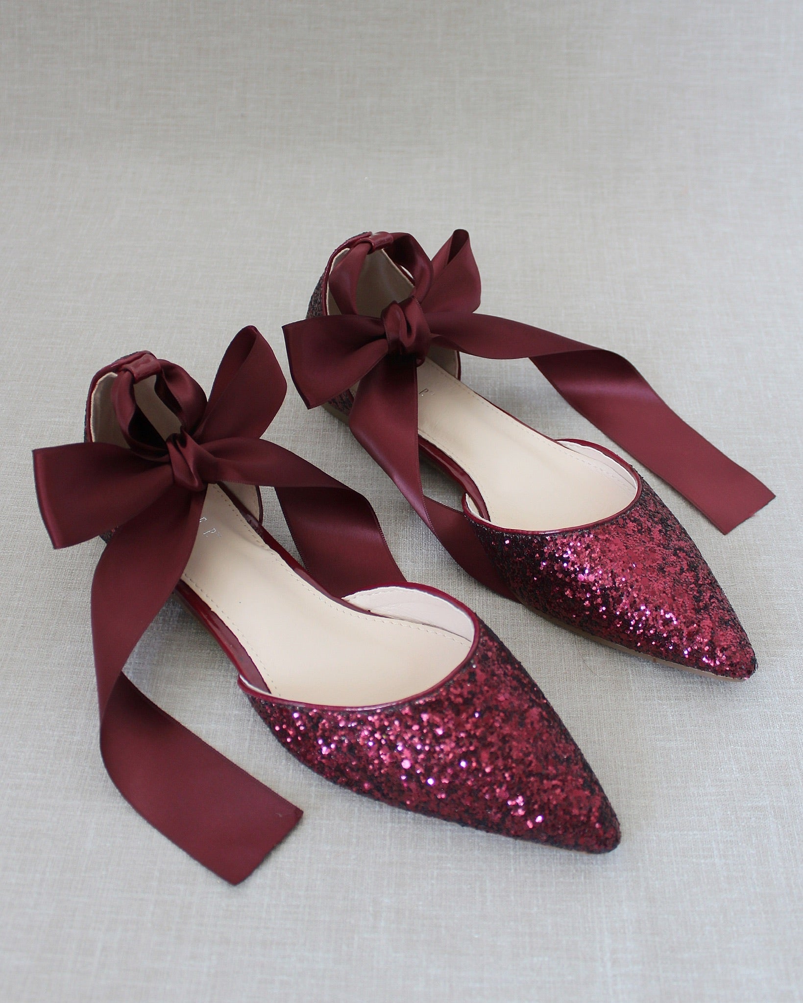 Burgundy Glitter Pointy Toe Flat with Satin Tie or Lace Up Bridal FLat