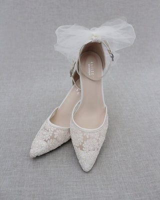 Ivory Crochet Lace Pointy Toe Heels with Tulle Back BowWomen Shoes