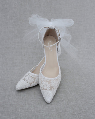 White Lace Heels with Tulle Bow