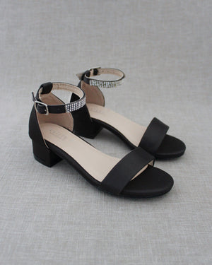 Satin Girls Block Heel Sandals with Mini Rhinestones Embellished Ankle Strap
