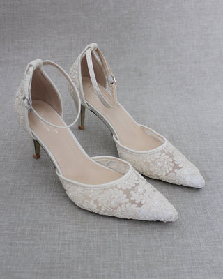 Ivory Crochet Lace Pointy Toe Heels with Ankle StrapWomen Shoes