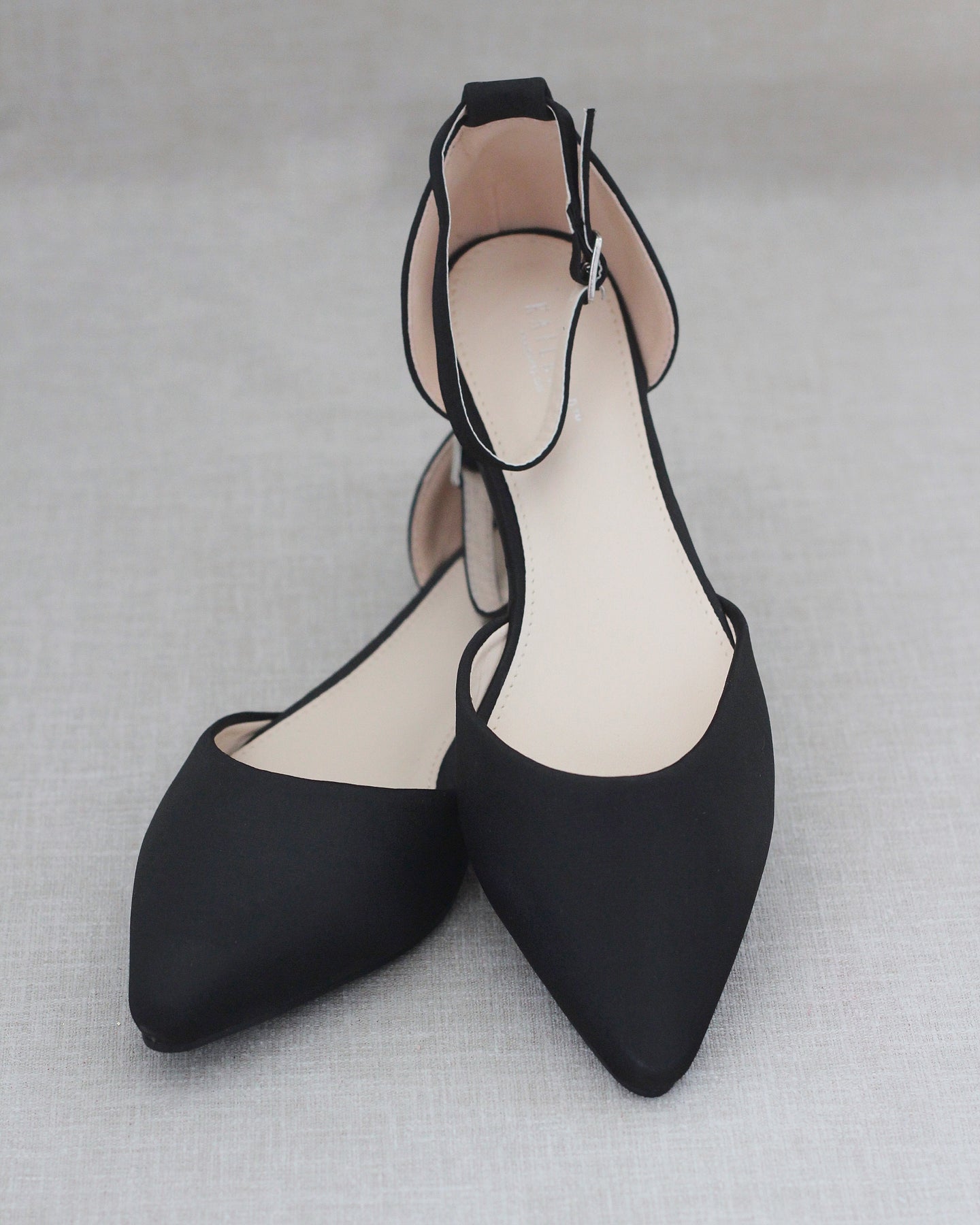 Black Satin Pointy Toe Flats with Ankle Strap - Wedding Shoes ...