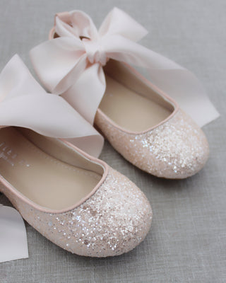 Pink Glitter Girls Ballet Flats with Ribbon Ties