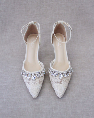 Ivory Crochet Lace Pointy Toe Heels with Teardrop Rhinestones EmbellishmentsWomen Shoes