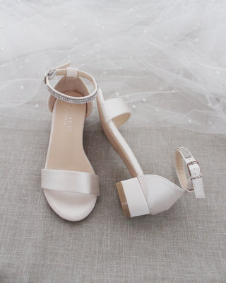Satin Girls Block Heel Sandals with Mini Rhinestones Embellished Ankle Strap