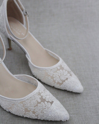 White Crochet Lace Pointy Toe HEELS with Ankle StrapWomen Shoes