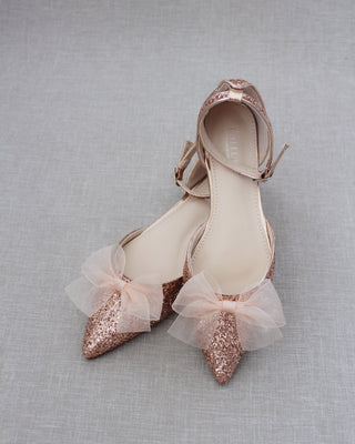 Rose Gold Glitter Women Flats with Chiffon Bow