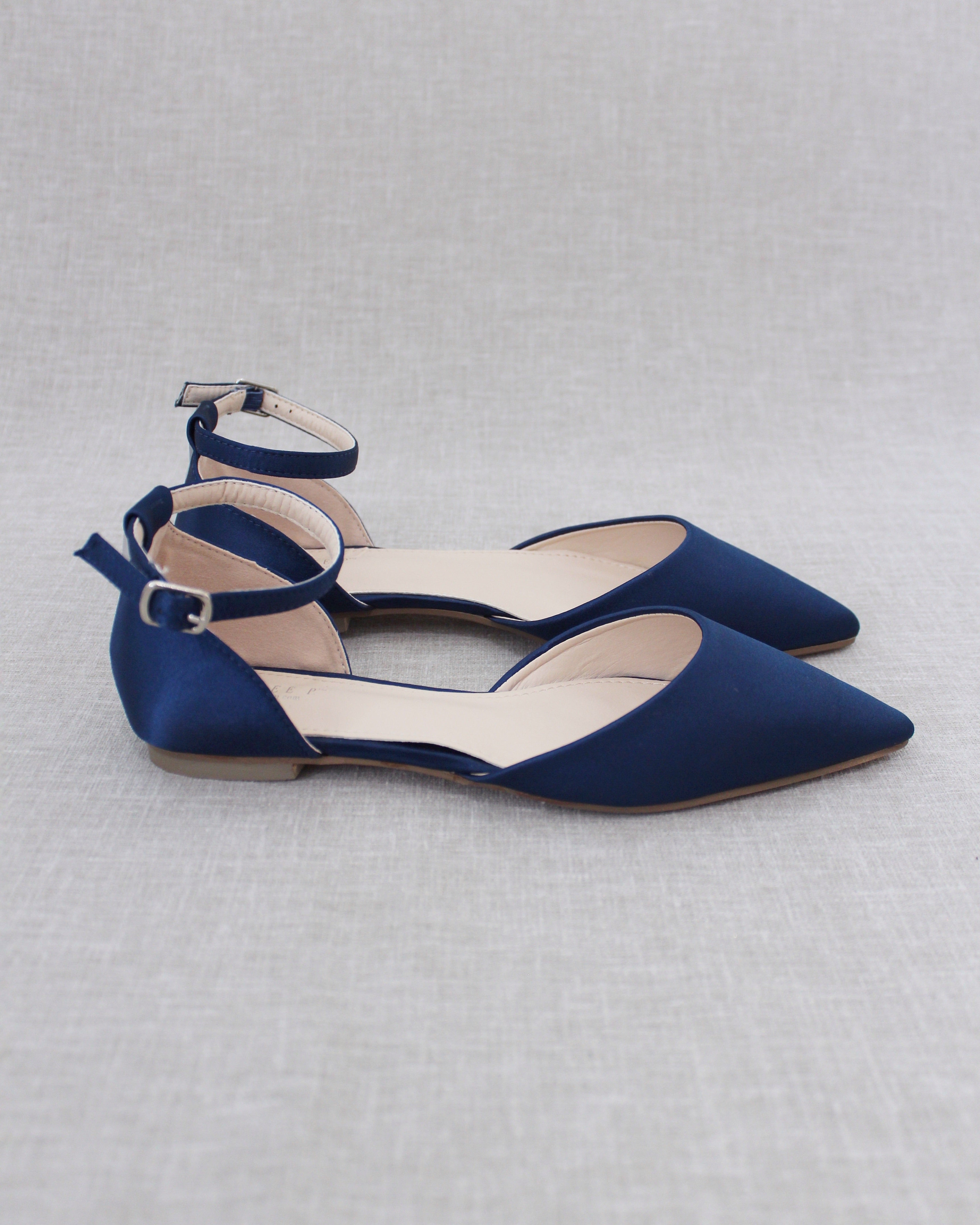 Navy Satin Pointy Toe Bridesmaids Flats with Ankle Strap