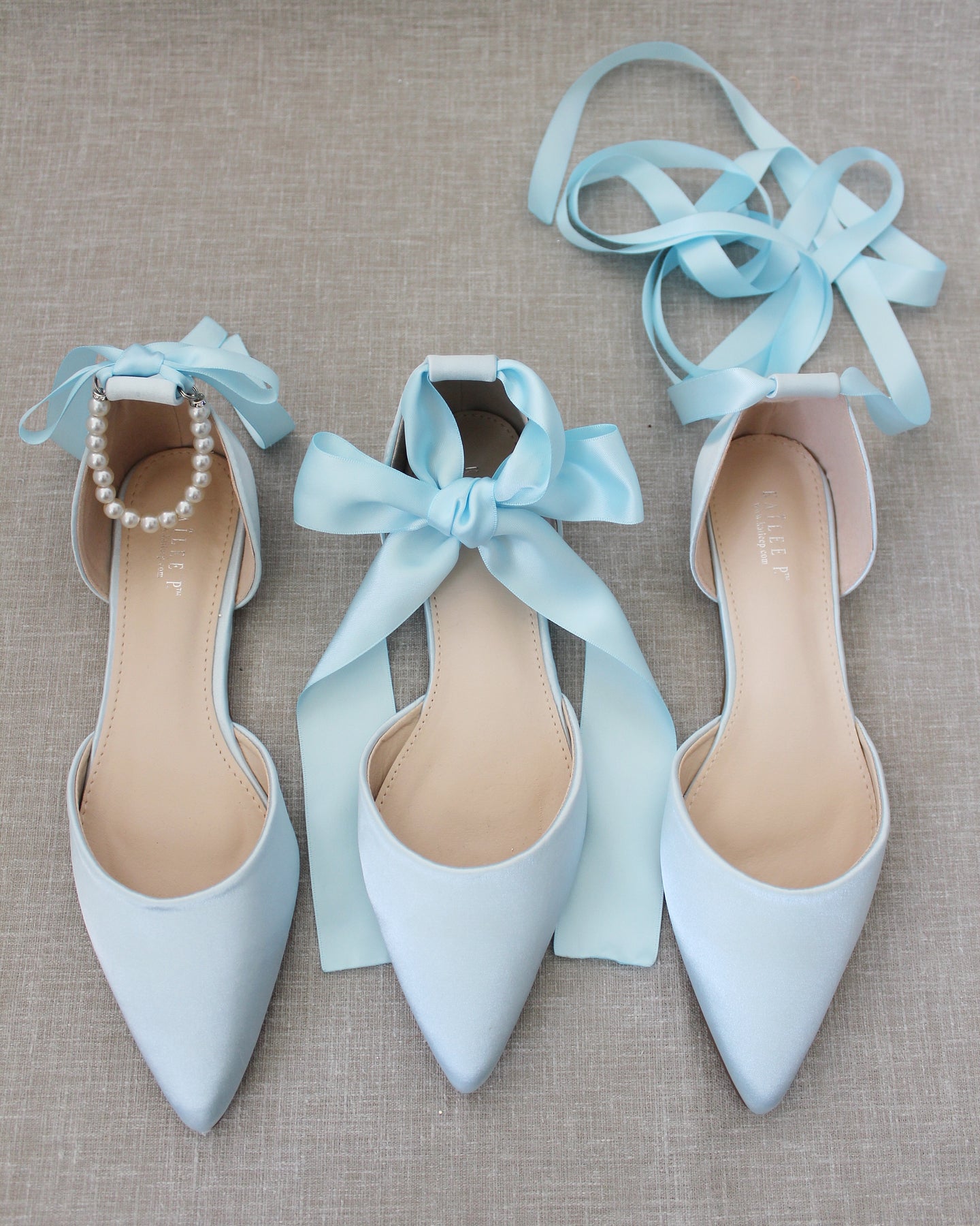 Light Satin Pointy Toe Bridal Flats with Ribbon Tie or Pearls Strap ...