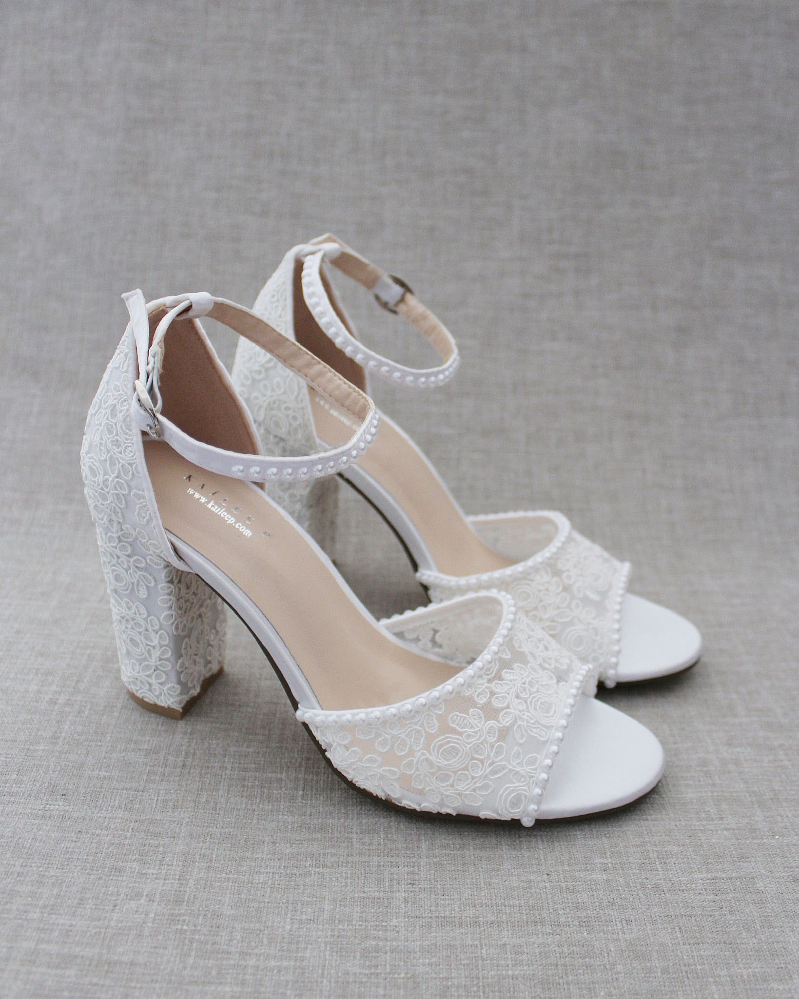 Crochet Lace Block Heel Sandals with Mini Pearls, Bridal shoes