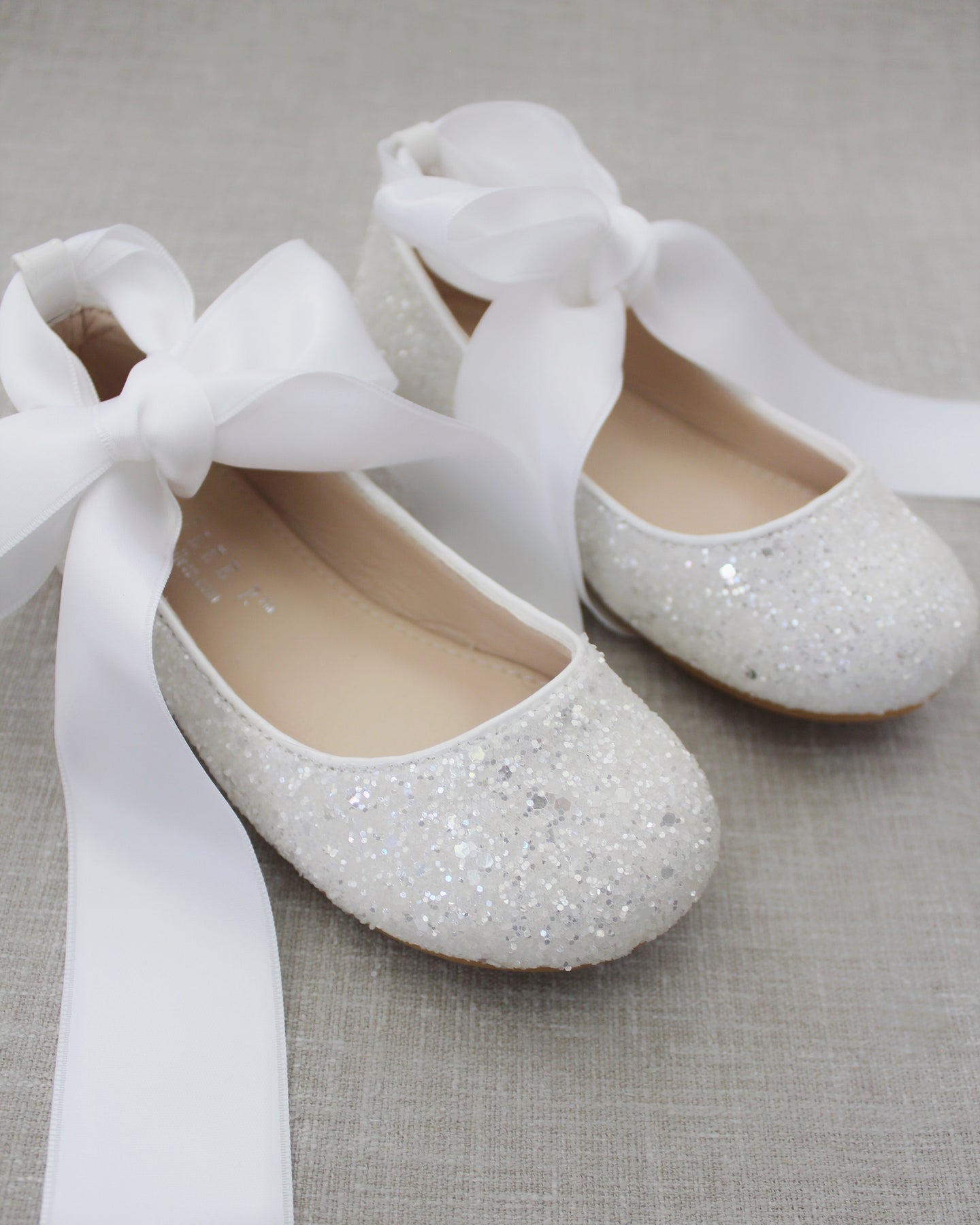 White Rock Glitter Ballet Flats With Satin Ankle Strap - Flower Girls ...