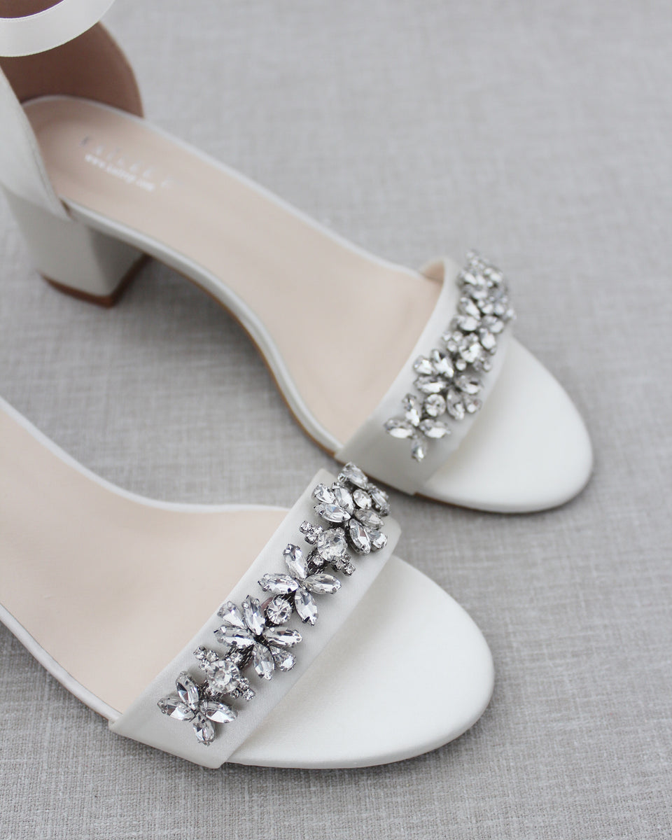 Ivory Satin Block Heel Sandals with Floral Rhinestones, Wedding Sandal ...