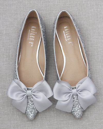 silver glitter pointy toe bridal flats with bow