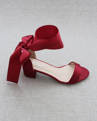 Burgundy Red Block Heel Sandals with Satin Ties