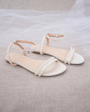 Satin Flat Sandal with Pearls and Ankle Strap