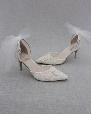 Ivory Crochet Lace Pointy Toe Heels with Tulle Back BowWomen Shoes