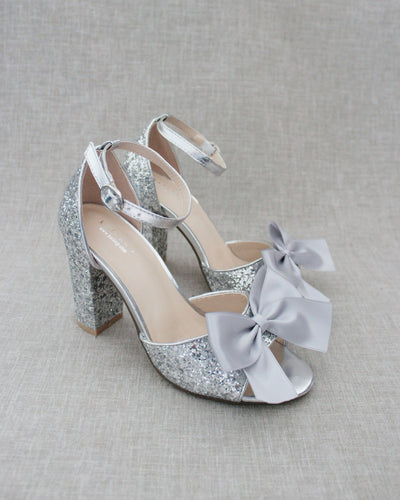 silver rock glitter wedding block heel with bow