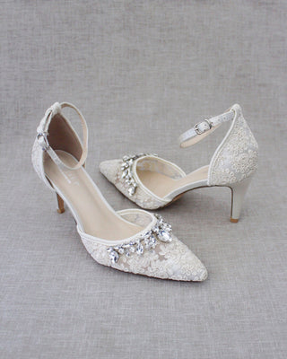Ivory Crochet Lace Pointy Toe Heels with Teardrop Rhinestones EmbellishmentsWomen Shoes