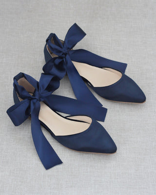Navy Blue Satin Flats with Satin Tie