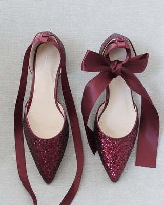 Burgundy Glitter Pointy Toe Flat with Satin Tie or Lace Up Bridal FLat