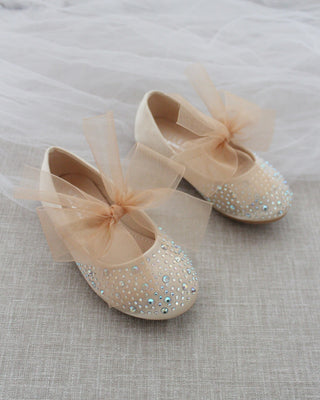 Champagne Rhinestone Flats with Chiffon Bow