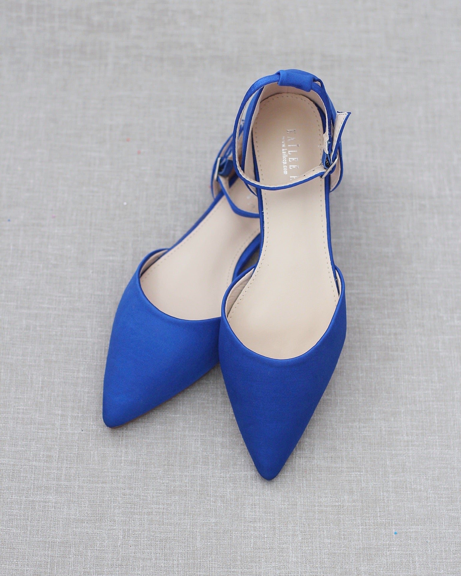 Royal Blue Satin Pointy Toe Bridesmaids Flats with Ankle Strap