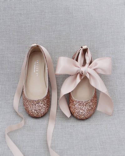 Rose Gold Glitter Girls Ballet Flats with Ribbon Ties